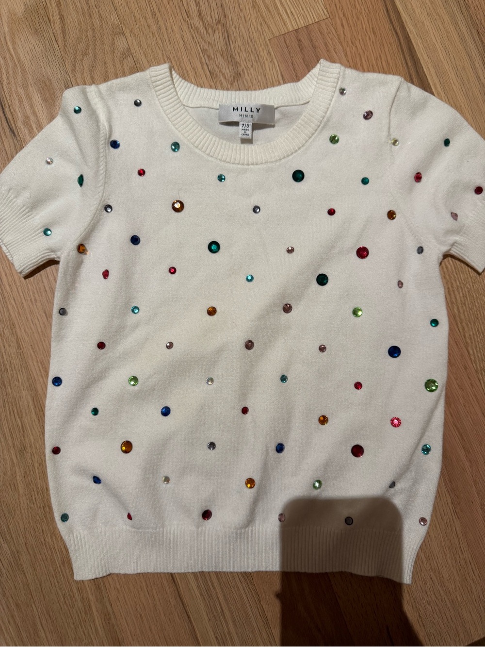 Milly Kids Cream Short-Sleeve Sweater with Multicolor Gem Accents